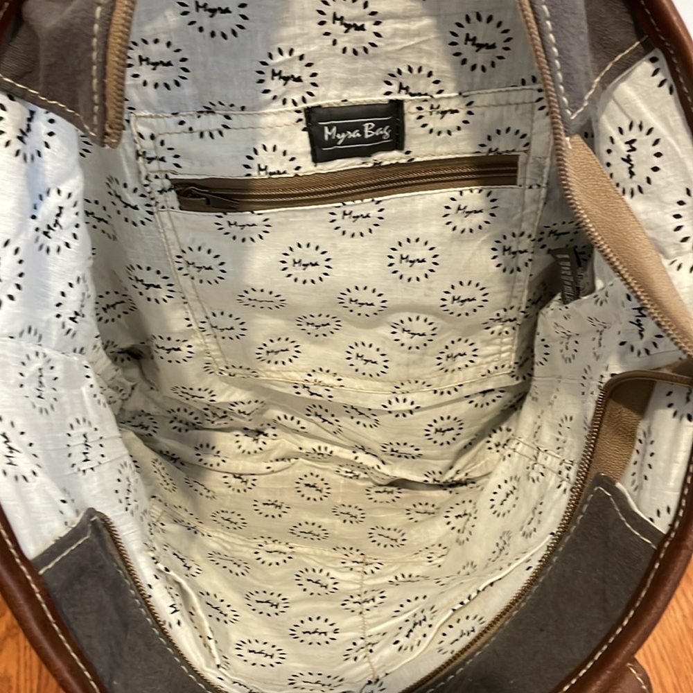 Myra Bag Boho Lace Print Upcycled Canvas and Genuine Leather Tote - Picture 4 of 5